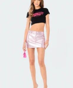 S12057_PINK New In Metallic Faux Leather Skirt