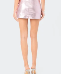 S12057_PINK New In Metallic Faux Leather Skirt