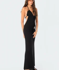 S12324_BLACK New In Fringe Open-Back Ribbed Maxi Dress
