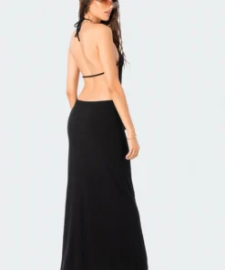 S12324_BLACK New In Fringe Open-Back Ribbed Maxi Dress