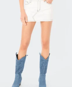 S12365_WHITE Contrast Stitched Low-Rise Denim Mini Skirt New In