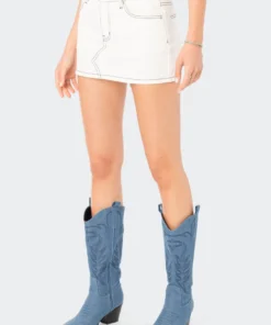 S12365_WHITE Contrast Stitched Low-Rise Denim Mini Skirt New In