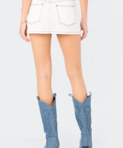 S12365_WHITE Contrast Stitched Low-Rise Denim Mini Skirt New In