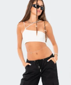 S11959_WHITE Asymmetric Ribbed Crop Top