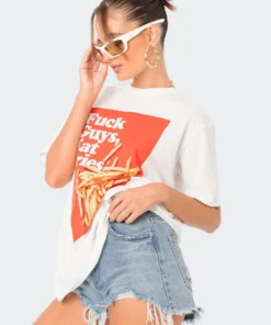 S12309_WHITE Eat Fries Oversized T-Shirt New In