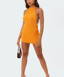 S11024_orange Lydia Knitted Halter Dress