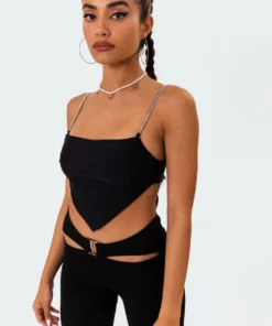 S11138_black Tops Chain Open Back Crop Top