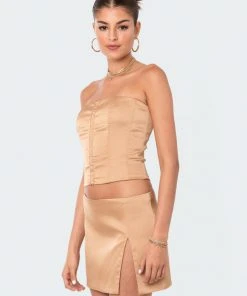 S12445_GOLD Silky Satin Back Lace Corset New In