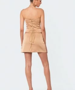 S12445_GOLD Silky Satin Back Lace Corset New In