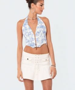 S12480_MIX New In Delft Print Open Back Top