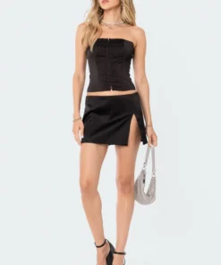 S12445_BLACK New In Silky Satin Back Lace Corset