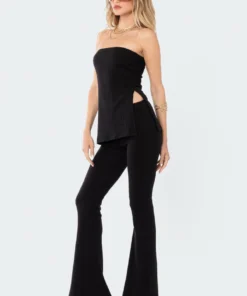 S12520_BLACK Dekota Slit Ribbed Top New In