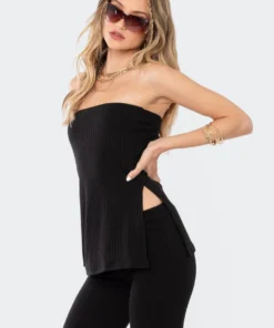 S12520_BLACK Dekota Slit Ribbed Top New In