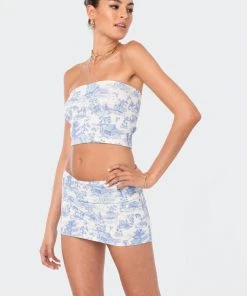 S12458_MIX New In Delft Print Strapless Top