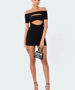 S12495_BLACK Ribbed Cut-Out Mini Dress New In
