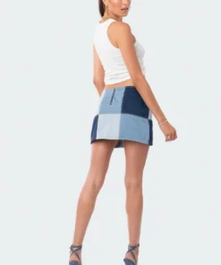 S12423_BLUE Patchwork Low Rise Denim Skirt New In