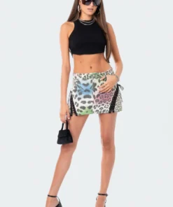 S12418_MIX Rainbow Leopard Denim Skirt