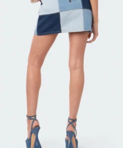 S12423_BLUE Patchwork Low Rise Denim Skirt New In