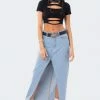 S12465_BLUE Front Slit Maxi Denim Skirt