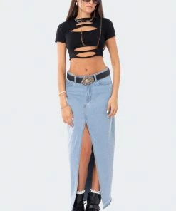 S12465_BLUE Front Slit Maxi Denim Skirt