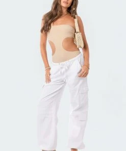 S12411_BEIGE New In Vivie Ribbed Cut-Out Bodysuit
