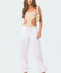 S12411_BEIGE New In Vivie Ribbed Cut-Out Bodysuit