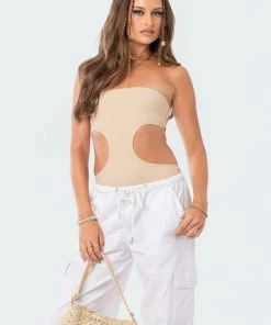 S12411_BEIGE New In Vivie Ribbed Cut-Out Bodysuit