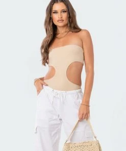 S12411_BEIGE New In Vivie Ribbed Cut-Out Bodysuit