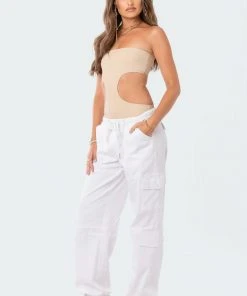 S12411_BEIGE New In Vivie Ribbed Cut-Out Bodysuit