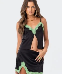 S12301_BLACK Lacey Satin Slit Crop Top