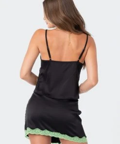 S12301_BLACK Lacey Satin Slit Crop Top