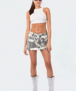 S12407_GRAY Rock Washed Denim Skirt New In