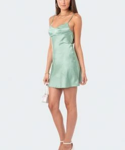 S12184_GREEN New In Bellamy Cut-Out Satin Mini Dress