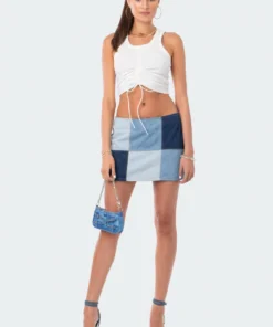 S12423_BLUE Patchwork Low Rise Denim Skirt New In