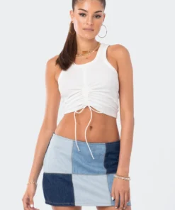 S12442_WHITE Phoebe Gathered Ribbed Tank Top