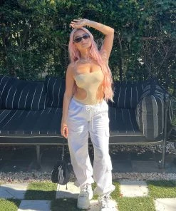 S12411_BEIGE New In Vivie Ribbed Cut-Out Bodysuit