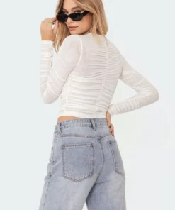 S11532_white Tops Tiana Gathered Mesh Top