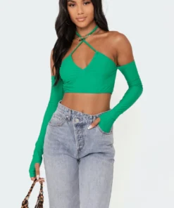 S11478_green Havana Off The Shoulder Top Tops