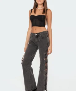 S11572_black-washed Sasha Lace-Up Low-Rise Jeans Pants
