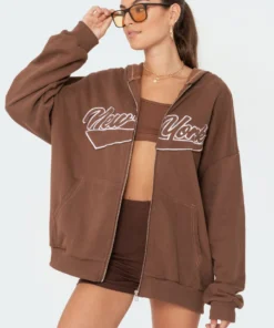S11513_brown New York Oversized Hoodie Tops