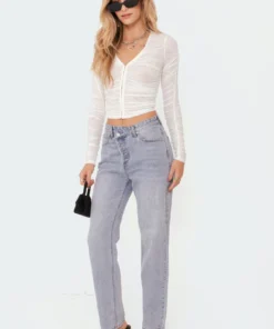 S11532_white Tops Tiana Gathered Mesh Top