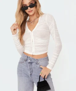 S11532_white Tops Tiana Gathered Mesh Top