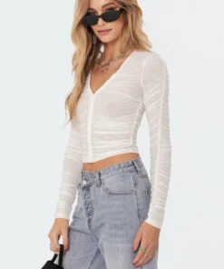 S11532_white Tops Tiana Gathered Mesh Top