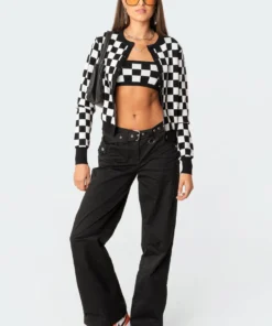 S11503_black-and-white Checkers Knitted Cardigan Tops