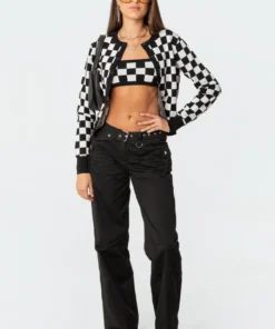S11503_black-and-white Checkers Knitted Cardigan Tops