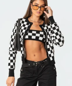 S11503_black-and-white Checkers Knitted Cardigan Tops