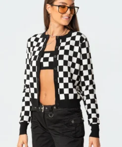 S11503_black-and-white Checkers Knitted Cardigan Tops