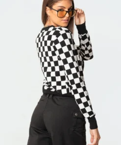 S11503_black-and-white Checkers Knitted Cardigan Tops