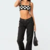 S11502_black-and-white Checkers Knitted Crop Top