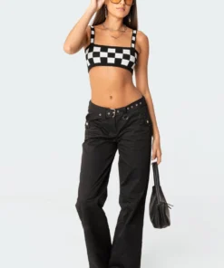 S11502_black-and-white Checkers Knitted Crop Top